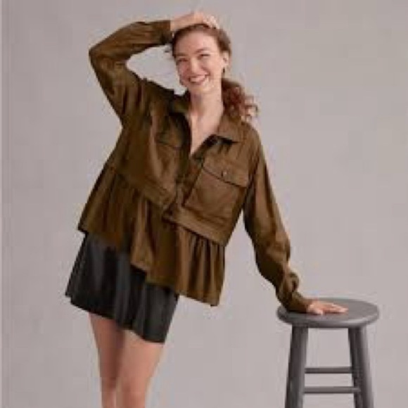 Maeve Jackets & Blazers - Maeve Flounce Olive Utility Jacket Shirt